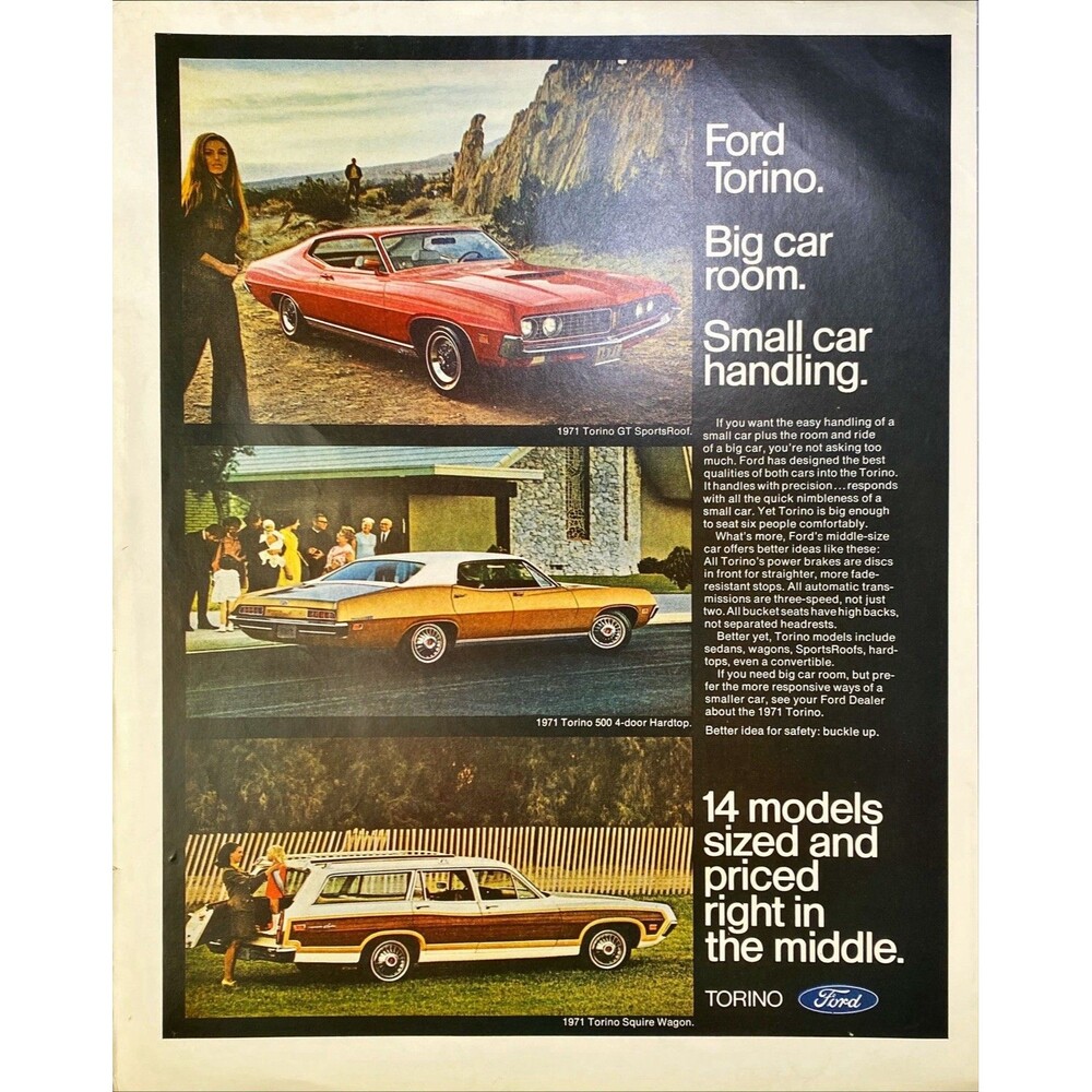 Ford Torino "Big Car Room-Small Car Handling" Vintage Print Ad 1971